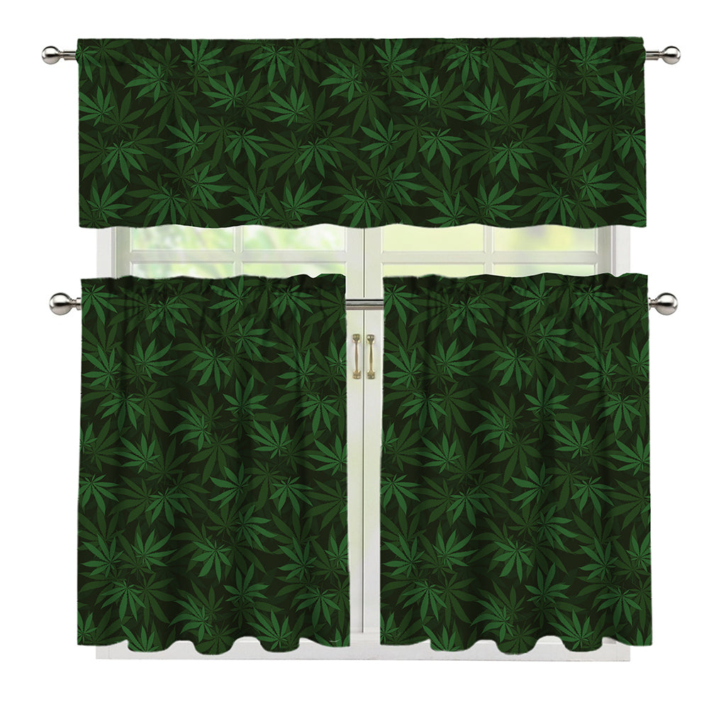Forest Green Cannabis Leaf Print 3 Piece Kitchen Curtains
