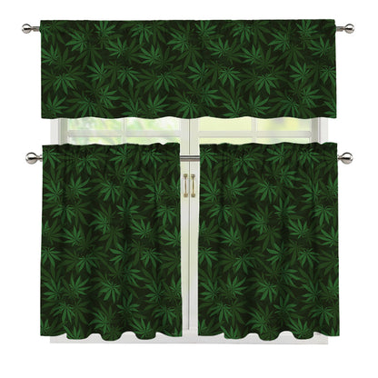 Forest Green Cannabis Leaf Print 3 Piece Kitchen Curtains