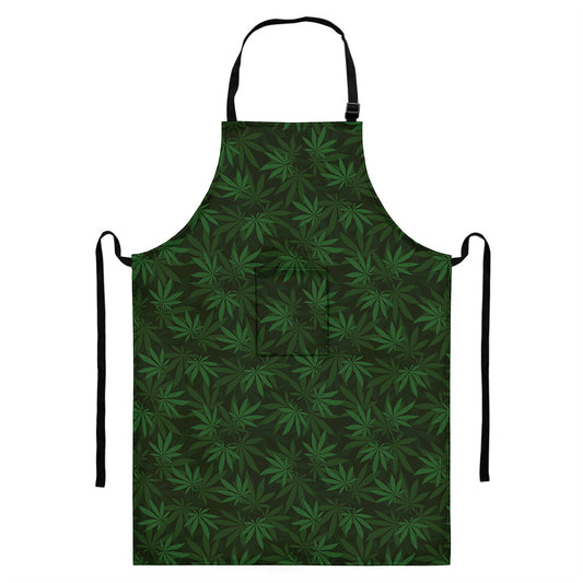 Forest Green Cannabis Leaf Print Bib Apron With Pocket
