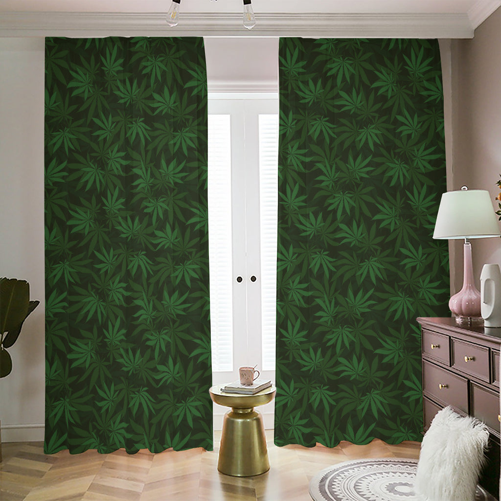 Forest Green Cannabis Leaf Print Blackout Pencil Pleat Curtains