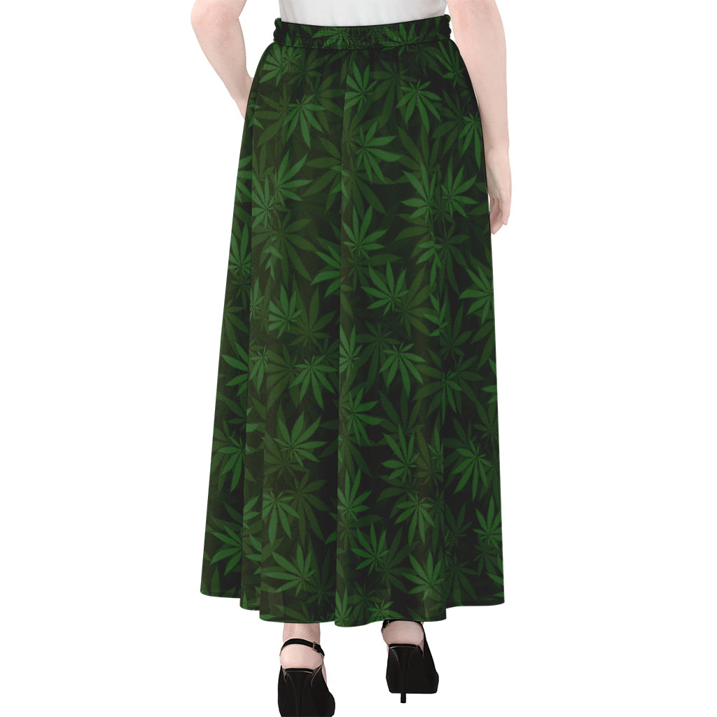 Forest Green Cannabis Leaf Print Chiffon Maxi Skirt