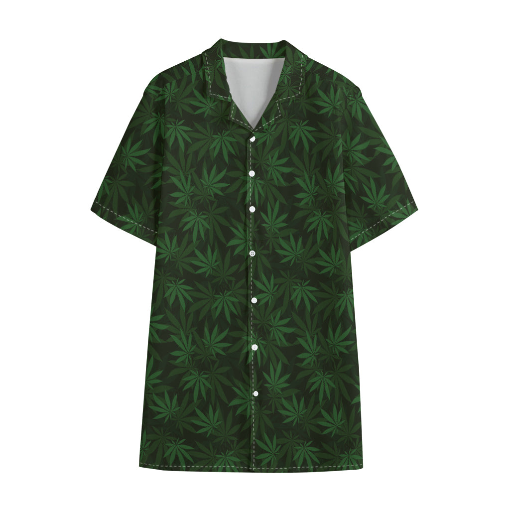 Forest Green Cannabis Leaf Print Cotton Hawaiian Shirt