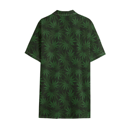 Forest Green Cannabis Leaf Print Cotton Hawaiian Shirt