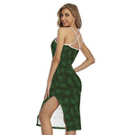 Forest Green Cannabis Leaf Print Cross Back Cami Dress