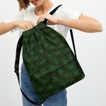 Forest Green Cannabis Leaf Print Drawstring Backpack