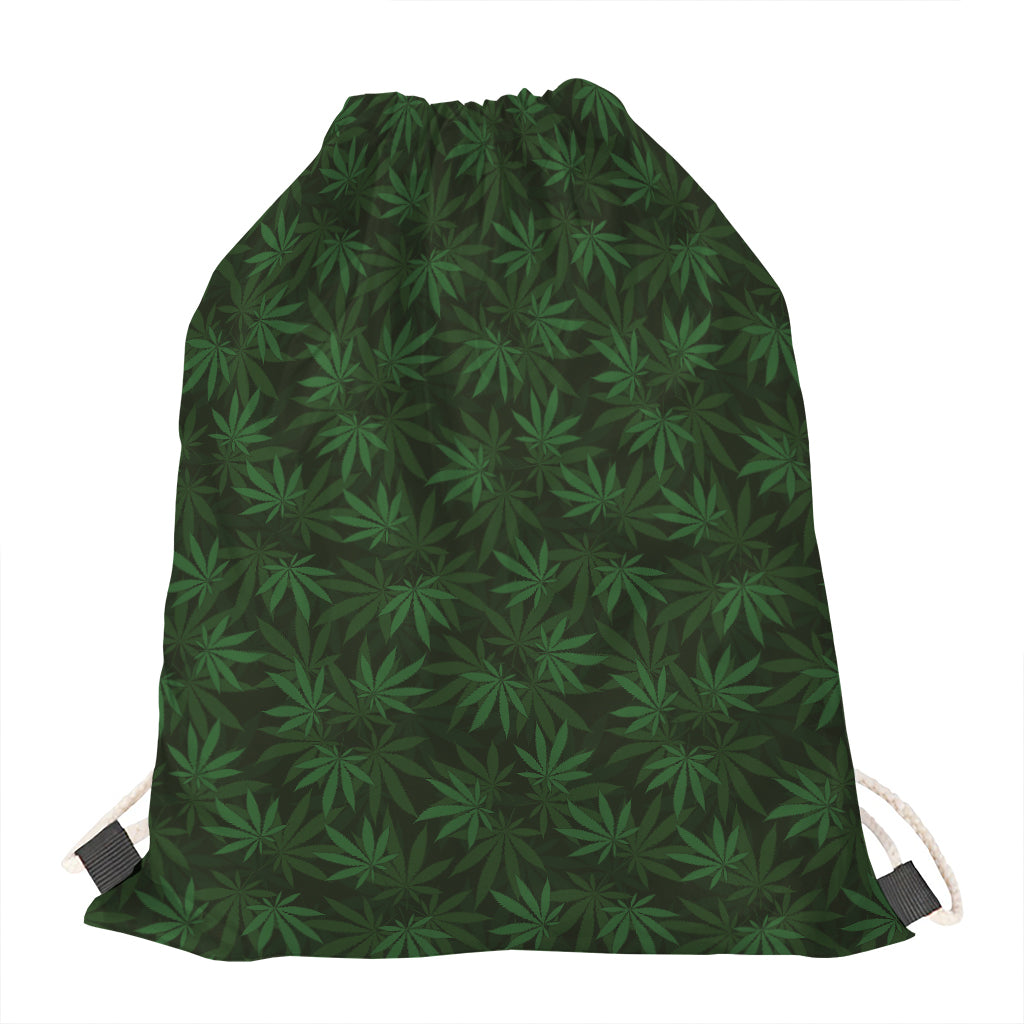 Forest Green Cannabis Leaf Print Drawstring Bag