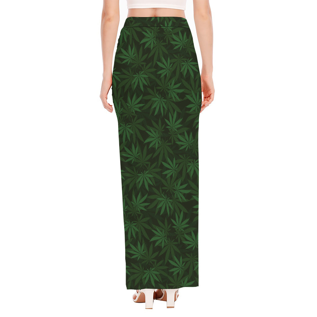 Forest Green Cannabis Leaf Print High Slit Maxi Skirt