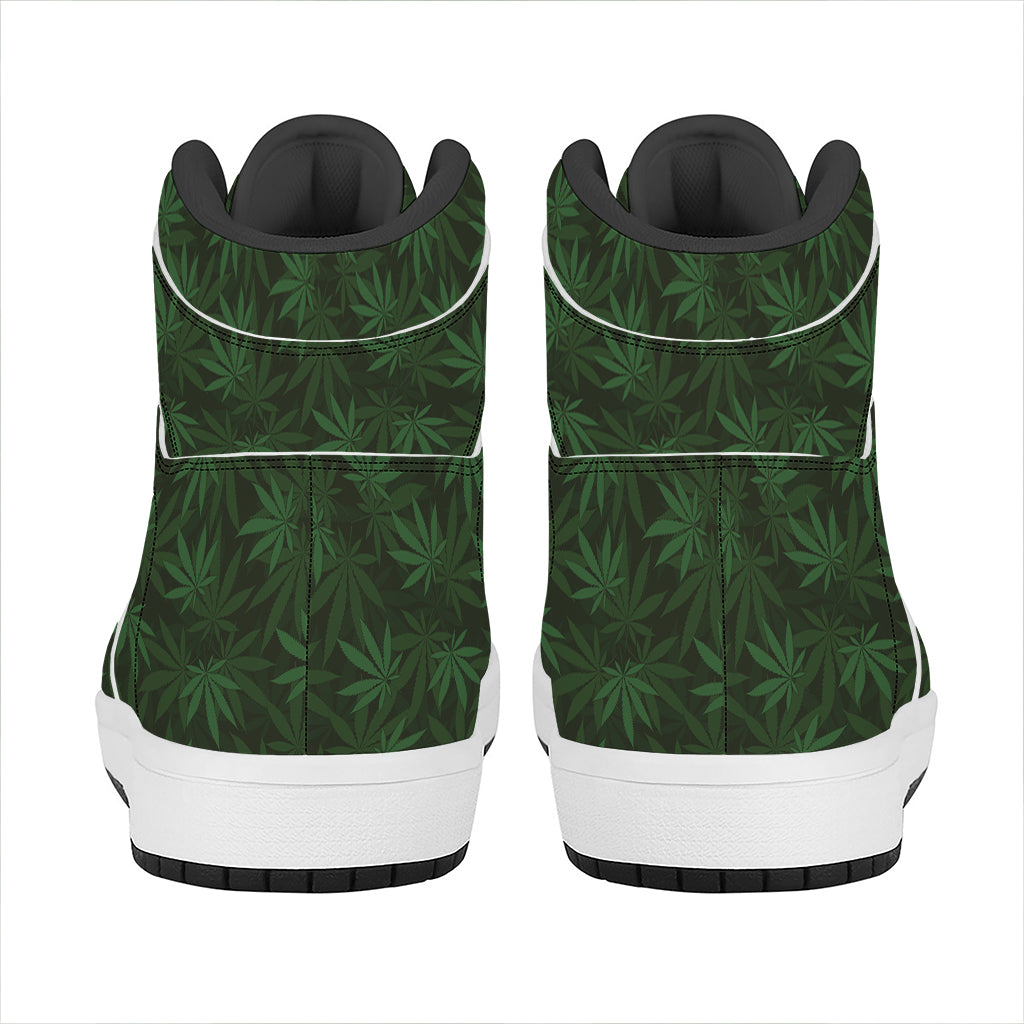 Forest Green Cannabis Leaf Print High Top Leather Sneakers