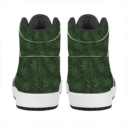 Forest Green Cannabis Leaf Print High Top Leather Sneakers