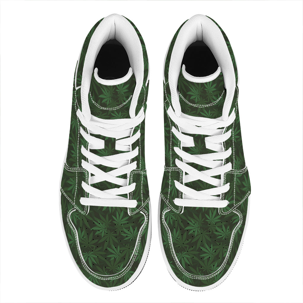 Forest Green Cannabis Leaf Print High Top Leather Sneakers