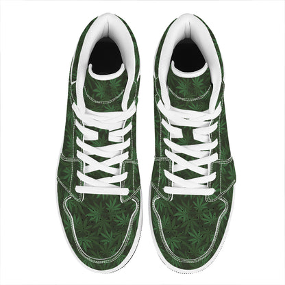 Forest Green Cannabis Leaf Print High Top Leather Sneakers