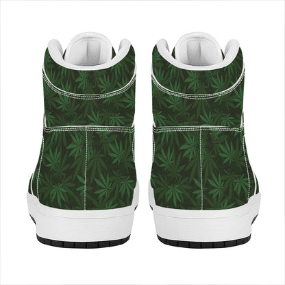 Forest Green Cannabis Leaf Print High Top Leather Sneakers