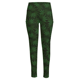 Forest Green Cannabis Leaf Print High-Waisted Pocket Leggings