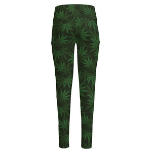 Forest Green Cannabis Leaf Print High-Waisted Pocket Leggings