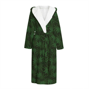 Forest Green Cannabis Leaf Print Hooded Bathrobe