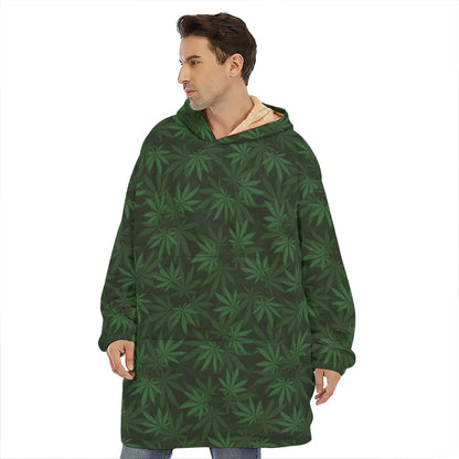Forest Green Cannabis Leaf Print Hoodie Blanket