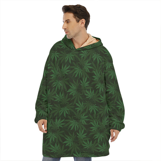 Forest Green Cannabis Leaf Print Hoodie Blanket