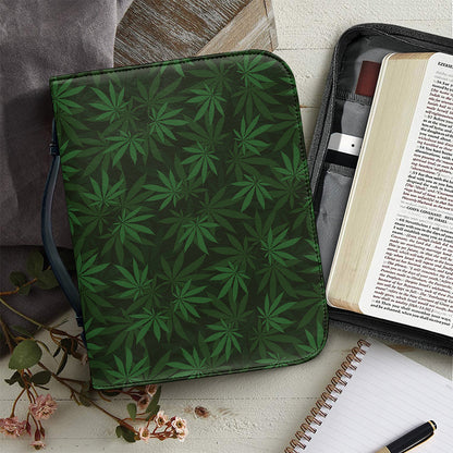 Forest Green Cannabis Leaf Print Leather Bible Cover