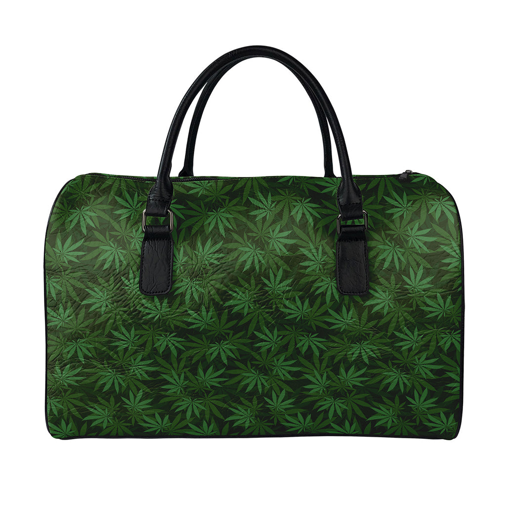 Forest Green Cannabis Leaf Print Leather Duffle Bag