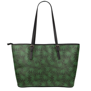 Forest Green Cannabis Leaf Print Leather Tote Bag