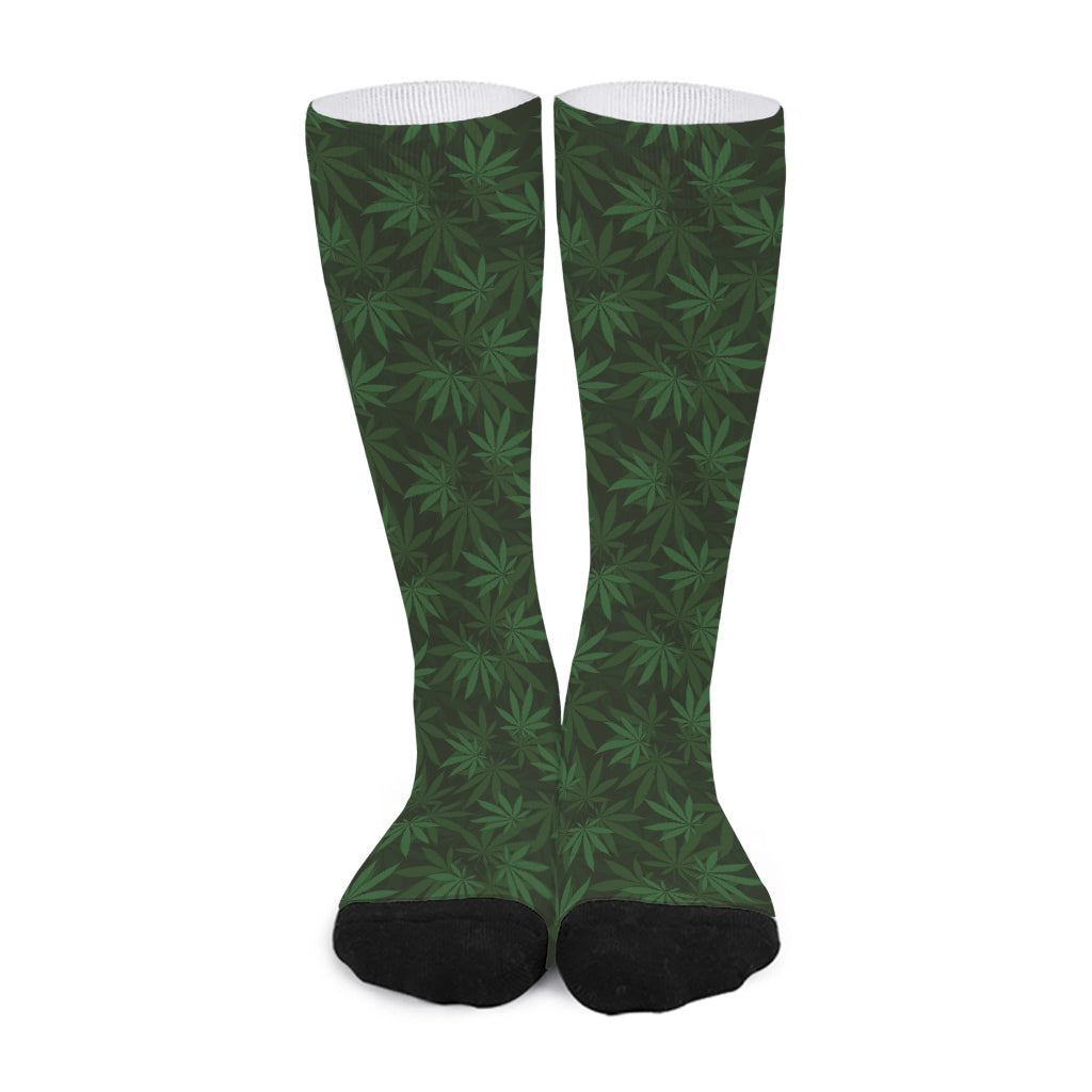 Forest Green Cannabis Leaf Print Long Socks