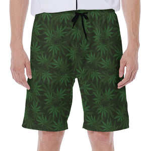 Forest Green Cannabis Leaf Print Men's Beach Shorts