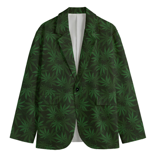 Forest Green Cannabis Leaf Print Men's Blazer