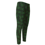 Forest Green Cannabis Leaf Print Men's Compression Pants