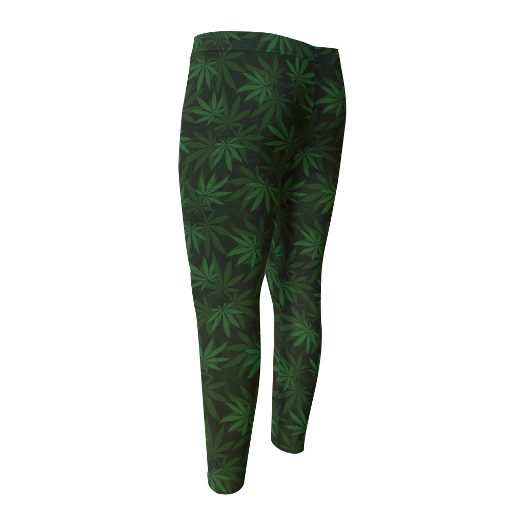 Forest Green Cannabis Leaf Print Men's Compression Pants