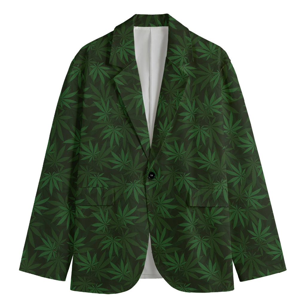 Forest Green Cannabis Leaf Print Men's Cotton Blazer