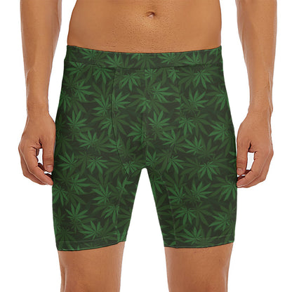 Forest Green Cannabis Leaf Print Men's Long Boxer Briefs