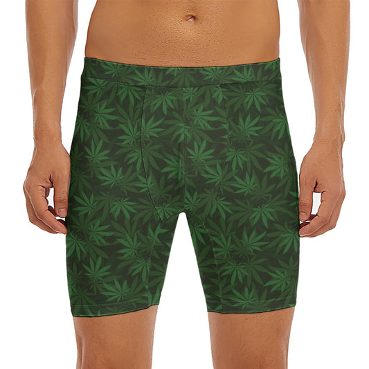 Forest Green Cannabis Leaf Print Men's Long Boxer Briefs