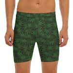 Forest Green Cannabis Leaf Print Men's Long Boxer Briefs