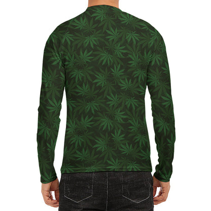 Forest Green Cannabis Leaf Print Men's Long Sleeve Rash Guard
