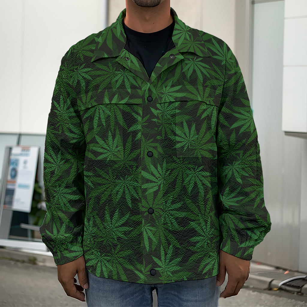 Forest Green Cannabis Leaf Print Men's Shirt Jacket