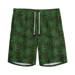Forest Green Cannabis Leaf Print Men's Sports Shorts