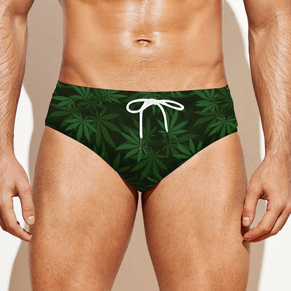 Forest Green Cannabis Leaf Print Men's Swim Briefs