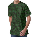 Forest Green Cannabis Leaf Print Men's Velvet T-Shirt