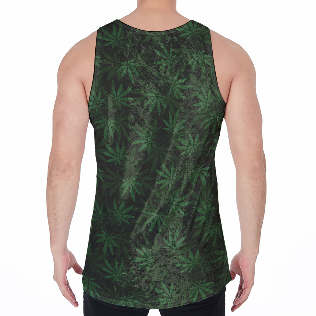 Forest Green Cannabis Leaf Print Men's Velvet Tank Top