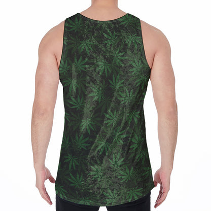Forest Green Cannabis Leaf Print Men's Velvet Tank Top