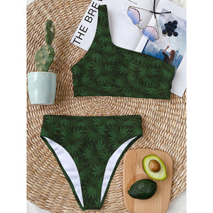 Forest Green Cannabis Leaf Print One Shoulder Bikini Top