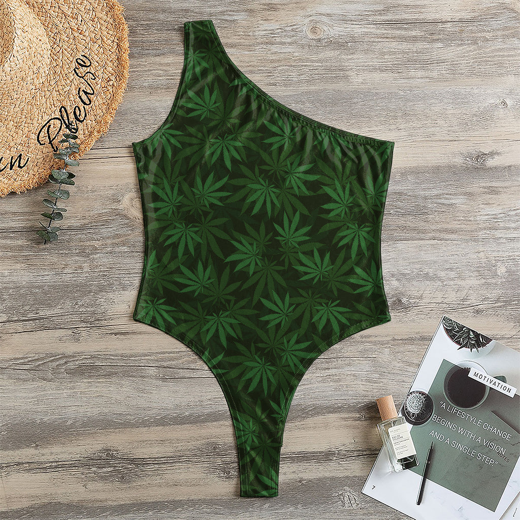 Forest Green Cannabis Leaf Print One Shoulder Bodysuit