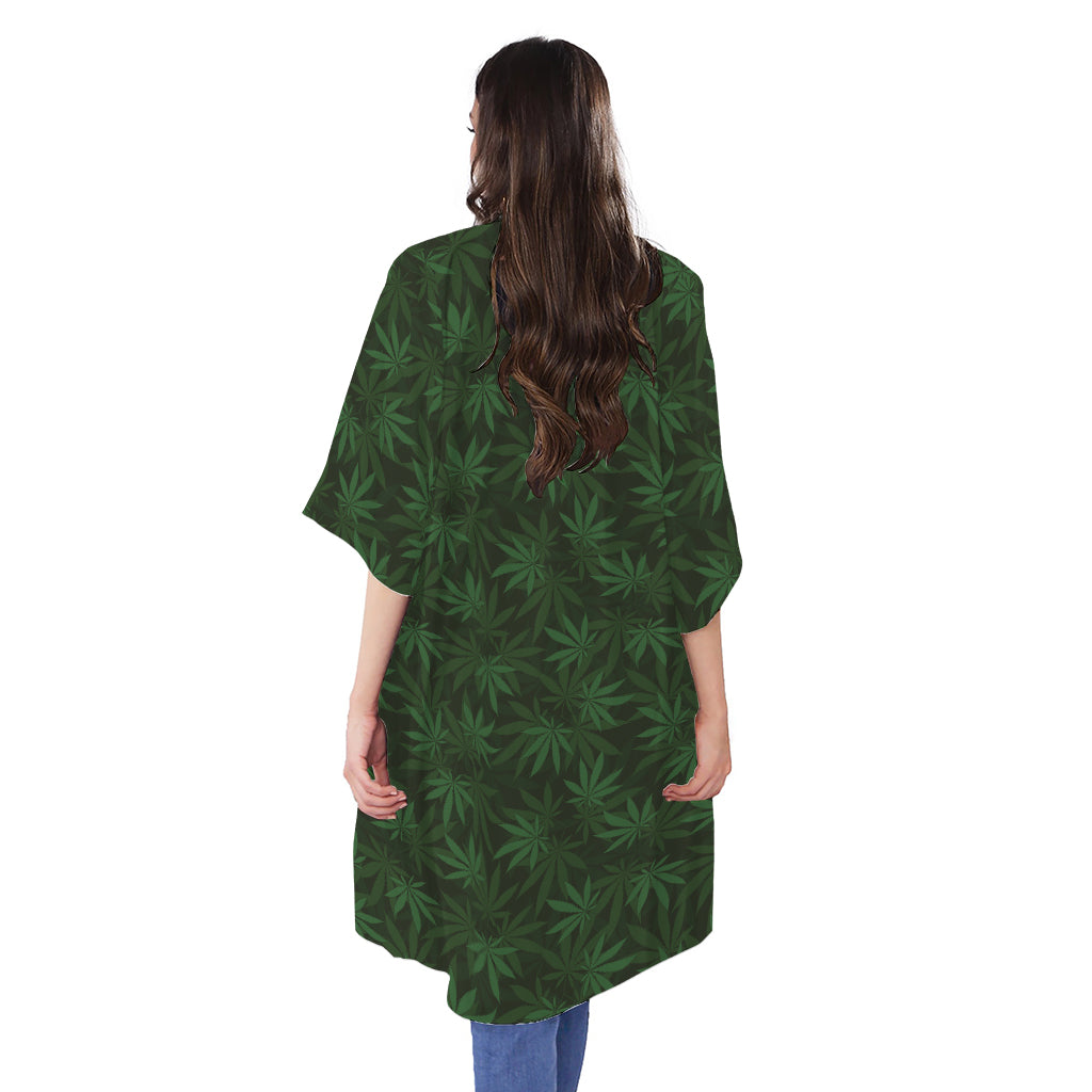 Forest Green Cannabis Leaf Print Open Front Beach Cover Up