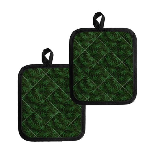Forest Green Cannabis Leaf Print Pot Holders