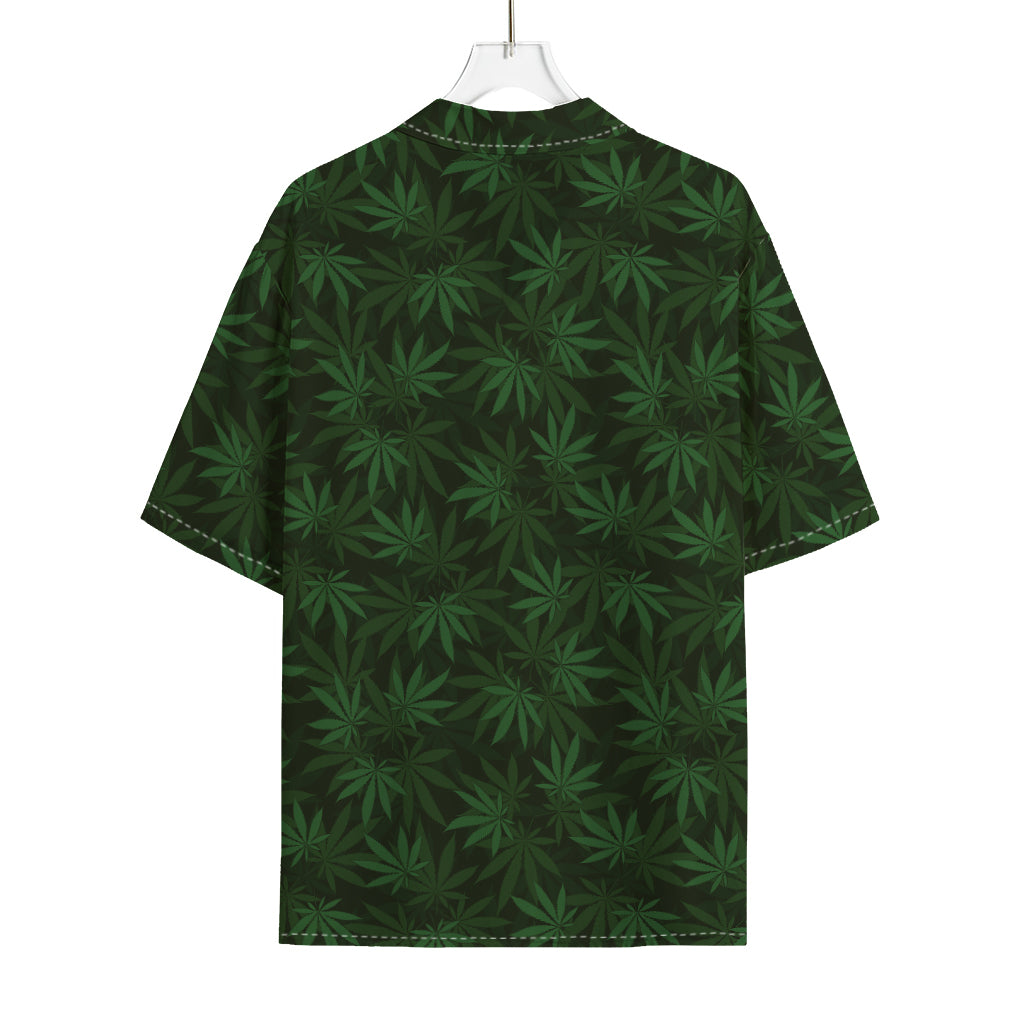 Forest Green Cannabis Leaf Print Rayon Hawaiian Shirt