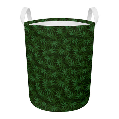 Forest Green Cannabis Leaf Print Round Laundry Basket