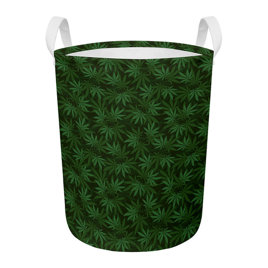 Forest Green Cannabis Leaf Print Round Laundry Basket