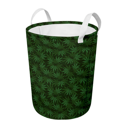 Forest Green Cannabis Leaf Print Round Laundry Basket