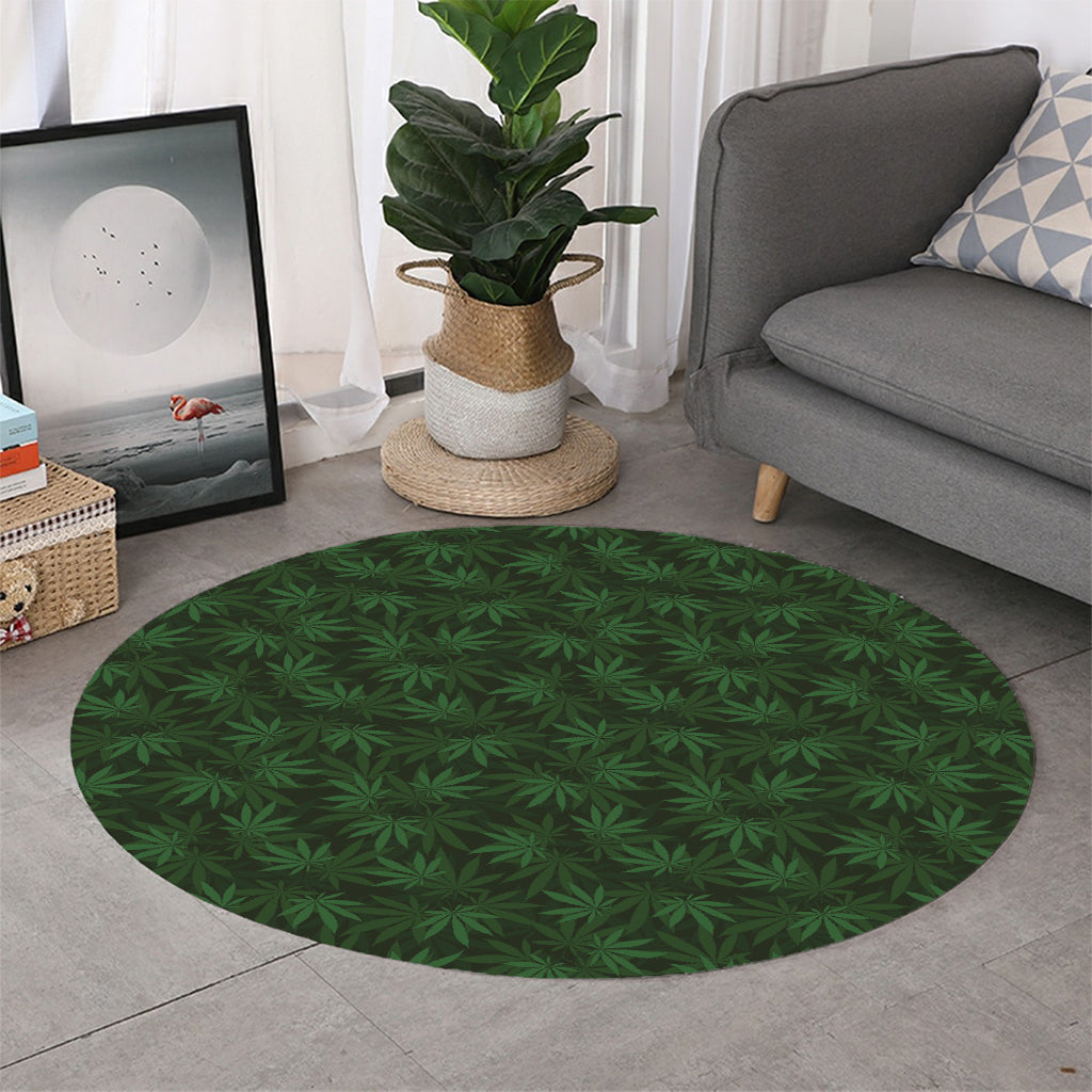 Forest Green Cannabis Leaf Print Round Rug