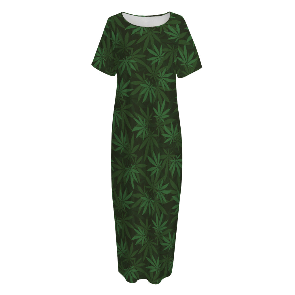 Forest Green Cannabis Leaf Print Short Sleeve Long Nightdress